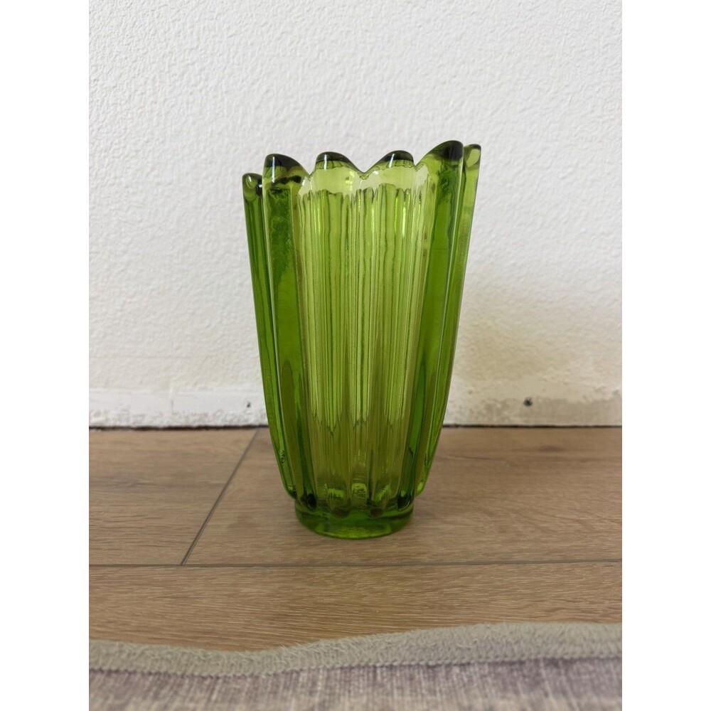Vintage Viking Green Glass Vase Lotus Thick Wall Ribbed Tall Version
